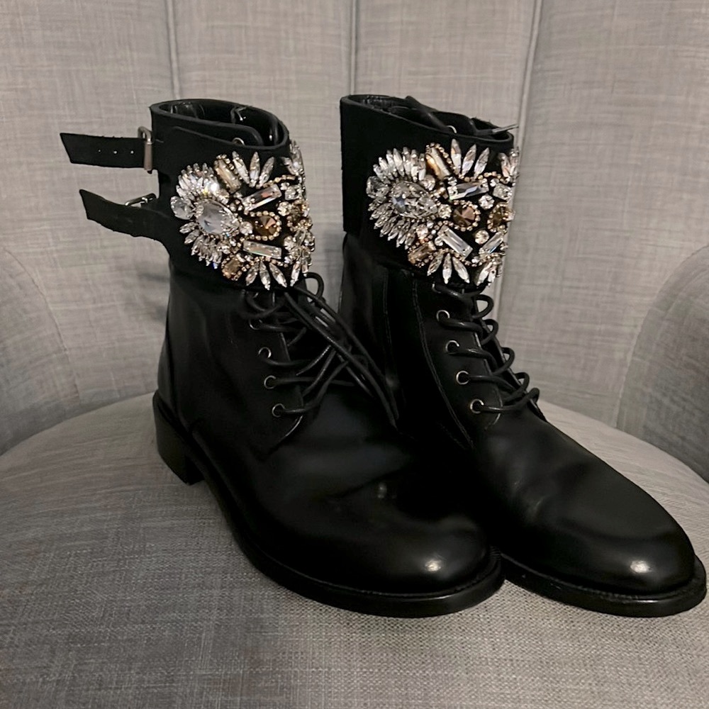 RENE CAOVILLA Leather Swarovski Crystal Black Combat Biker Boots